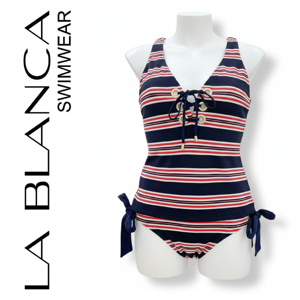 NEW La Blanca Sz 6 Sailor Stripe Lace Up Nautical Tankini Side Tie Bottom NWT